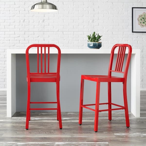 Counter Stools Slatted Back Metal Construction Industrial Ruby Red