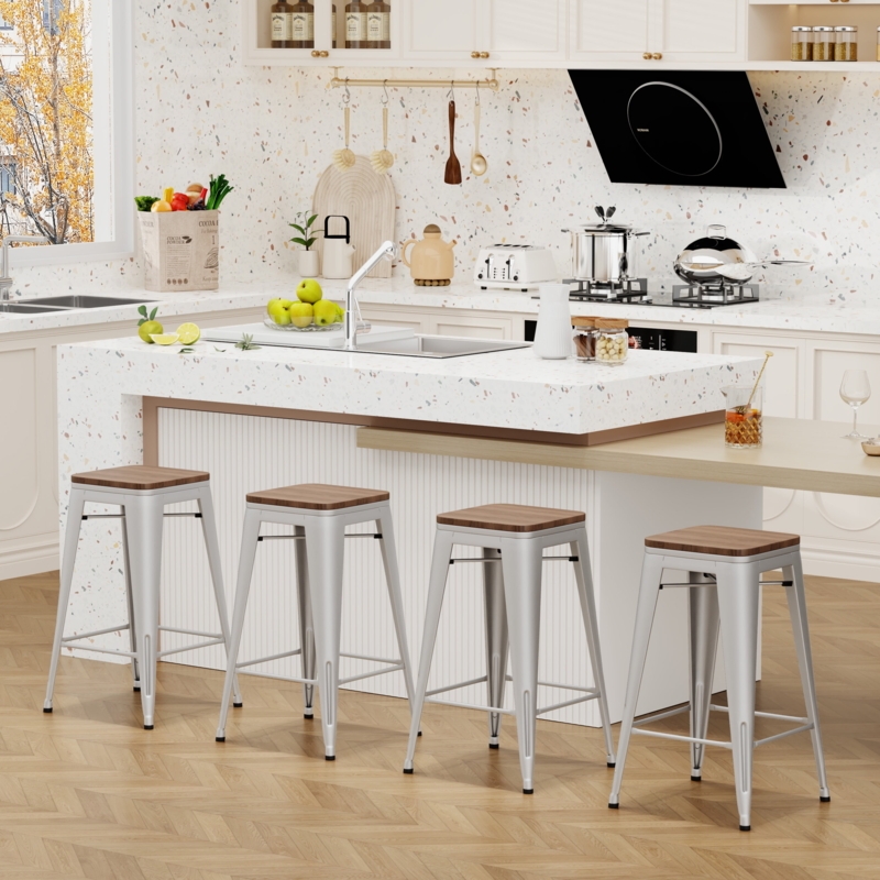 Counter Stools Stackable Matte Silver Metal Wood Top Backless Set