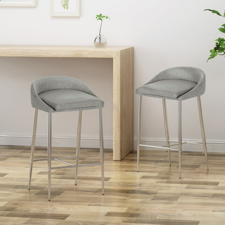 Counter Stools Textured Gray Fabric Curved Low Back Brushed Silver Set
