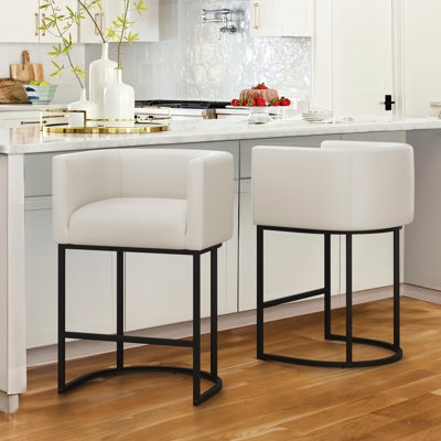 Counter Stools White Barrel Back Black Metal Sled Base Linen Fabric