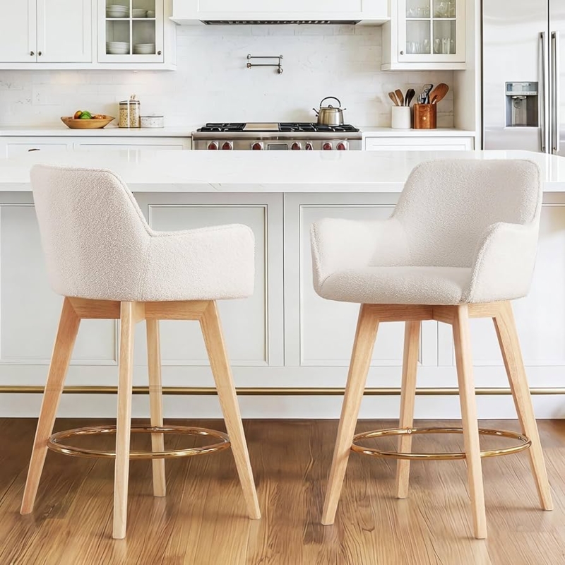 Counter Stools White Boucle Wood Legs Gold Footrest Scandinavian