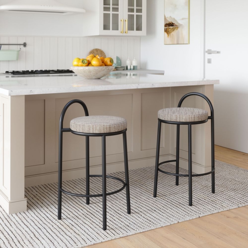 Counter Stools with Beige Tweed Upholstery and Curved Arched Backrest