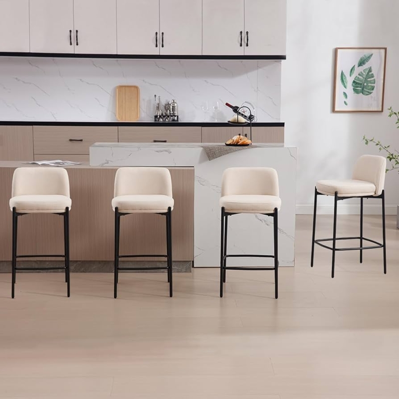 Counter Stools with Beige Upholstery Black Metal Modern Minimalist