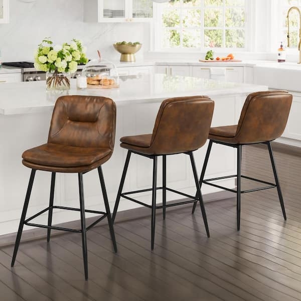Counter Stools with Dark Brown Distressed Leather-Like Upholstery