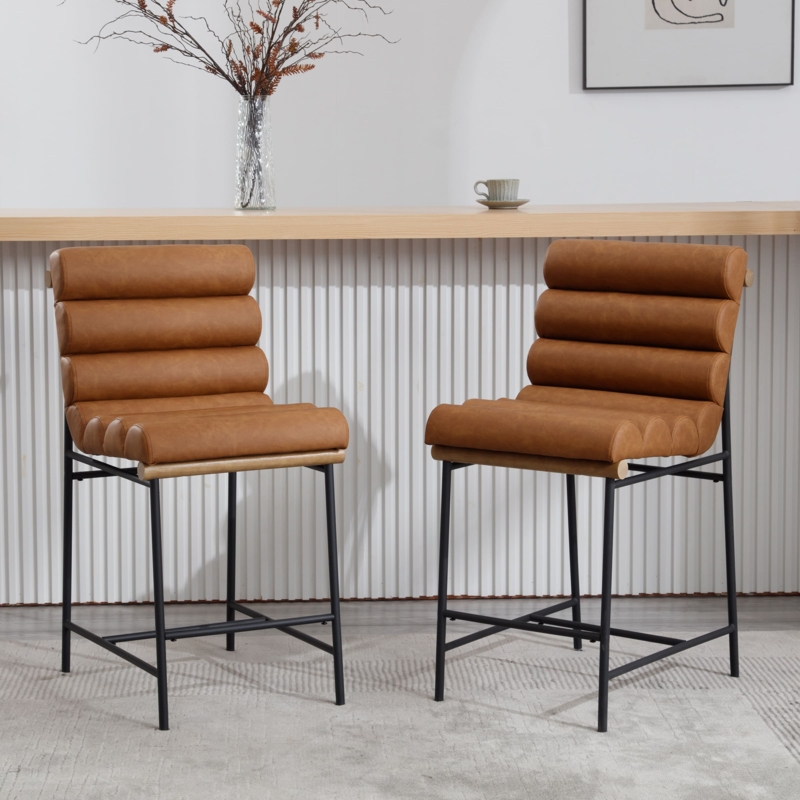 Counter Stools with Deep Channel Tufting Tan Black Industrial