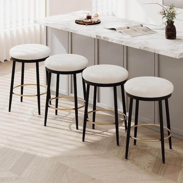 Counter Stools with Gold Footrest Ring, Backless Silhouette, White Seat