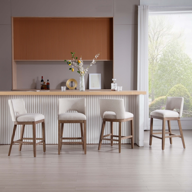 Counter Stools with Open Back Cutout Cream Linen Transitional