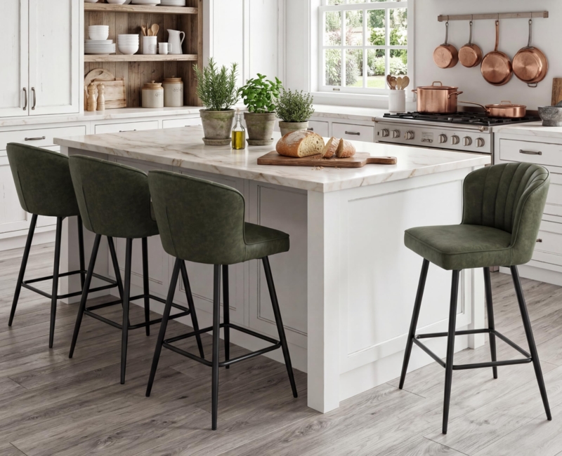 Counter Stools with Ribbed Backrest and Olive Green Leather-Like Seat