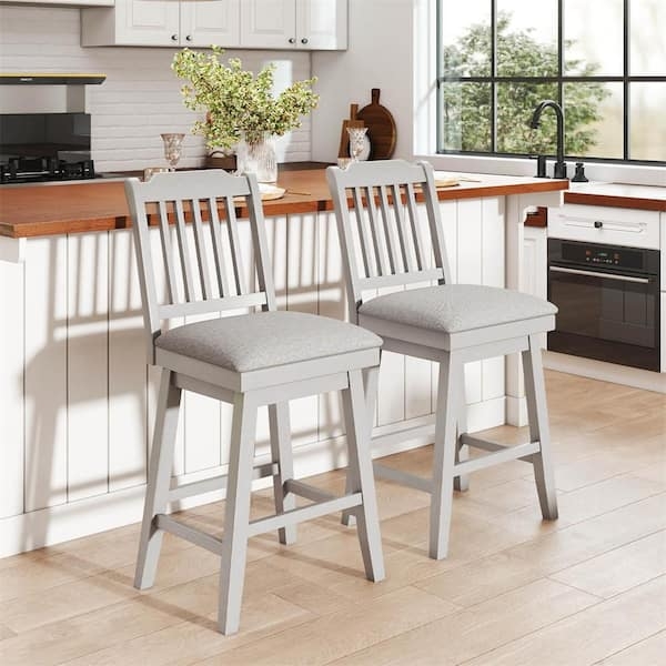 Counter Stools with Slatted Backrest, Gray Wood Finish and Woven Seat