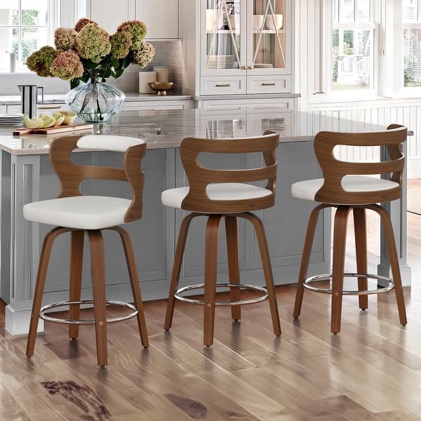 Counter Stools with Walnut Bent Wood Frame and White Leather-Like Seat