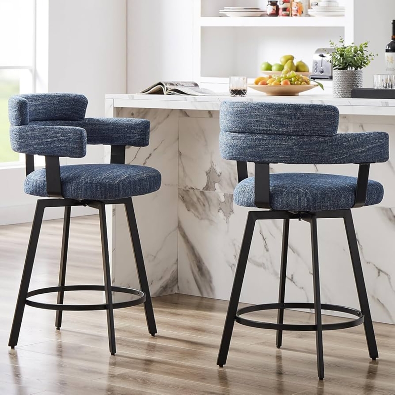 Counter Stools with Wrap-Around Backrest in Heathered Blue Fabric