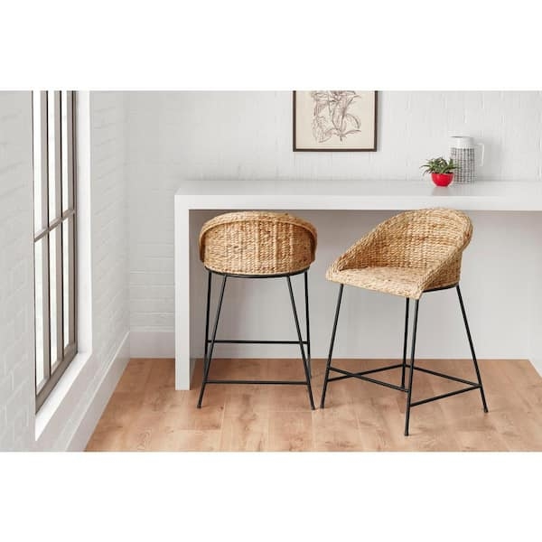 Counter Stools Woven Hyacinth Low Back Black Metal Legs Coastal Modern