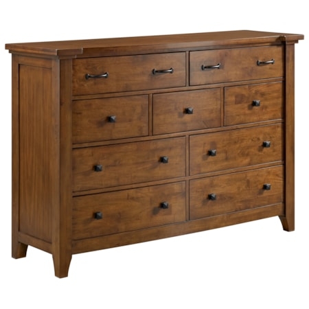Craftsman Style Dresser Chestnut Satin Finish Mixed Hardware Nine-Drawer