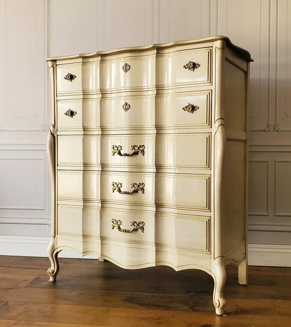 Cream French Provincial Highboy Dresser with Serpentine Front