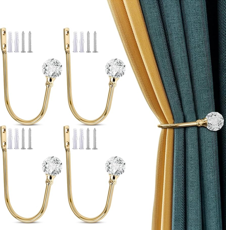 Curtain Holdback Hooks with Faceted Crystal Knobs, Glam Drapery Hardware