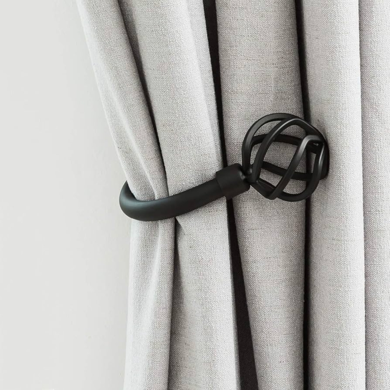 Curtain Holdback: Industrial Matte Black with Geometric Cage Finial