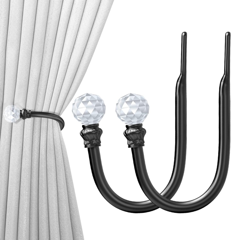 Curtain Holdback Matte Black with Faceted Crystal Ball and Ridged Collar