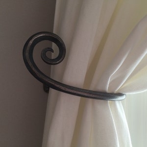 Curtain Holdback: Rustic Forged Metal with Decorative Scroll End