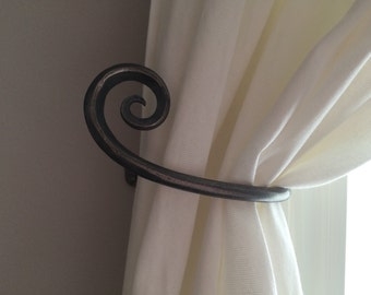 Curtain Holdback Rustic Wrought Iron with Hand-Forged Spiral Scroll