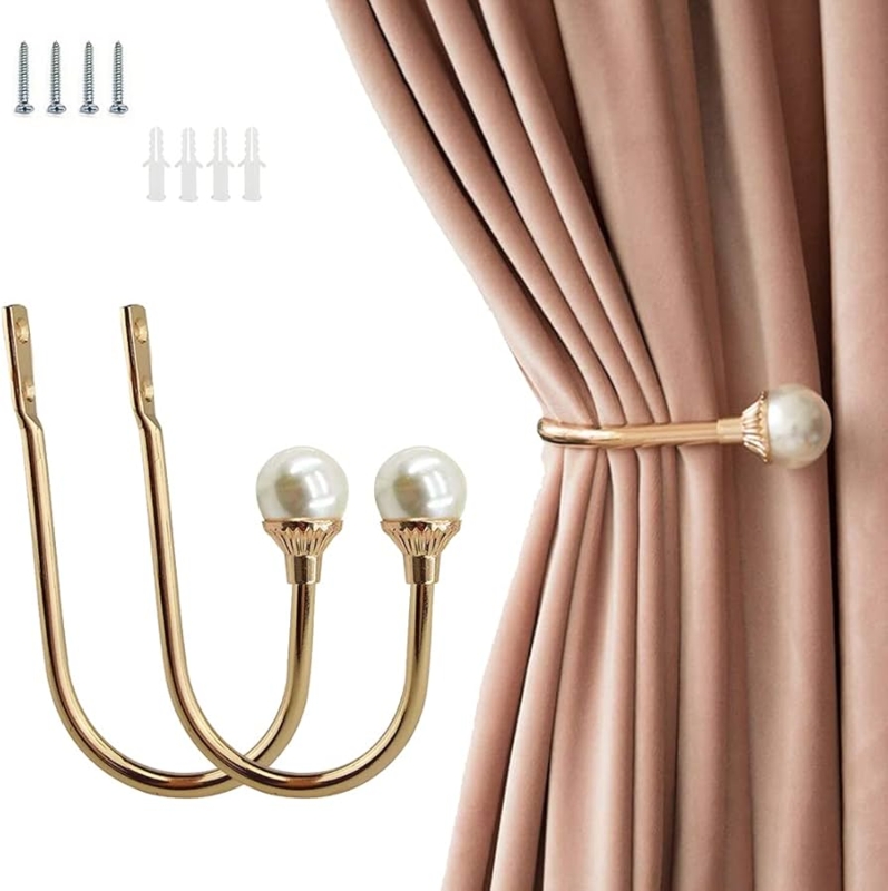 Curtain Holdback with Pearl Finial, Polished Gold U-Shaped Hardware