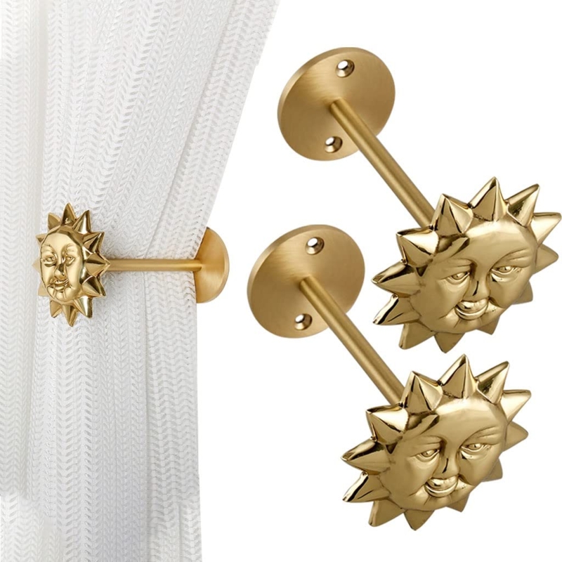 Curtain Holdbacks, Celestial Sun Face Motif, Gold, Bohemian Style