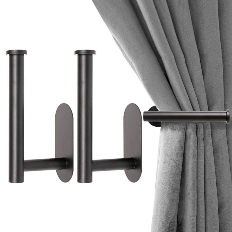 Curtain Holdbacks: Sleek L-Shaped Matte Black with Oval Mounting Base