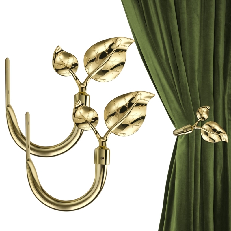 Curtain Holdbacks with Triple Leaf Motif, Polished Gold Botanical Style