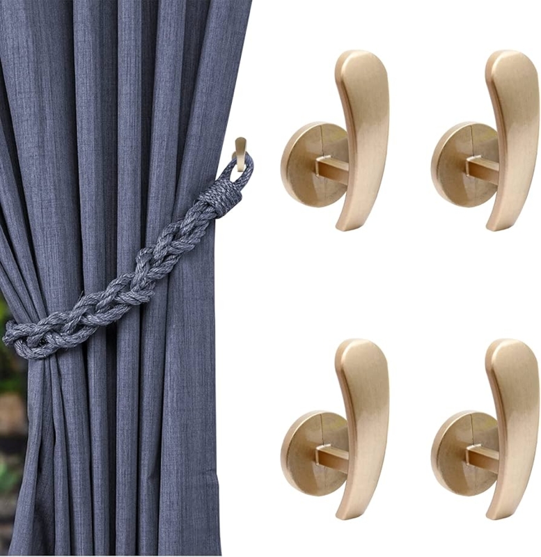 Curtain Hooks for Braided Rope Tiebacks, Modern Brushed Brass Hardware