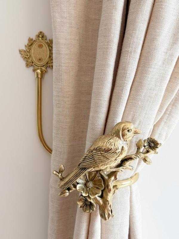 Curtain Tieback Bird on Branch | Sculptural Brass Hardware