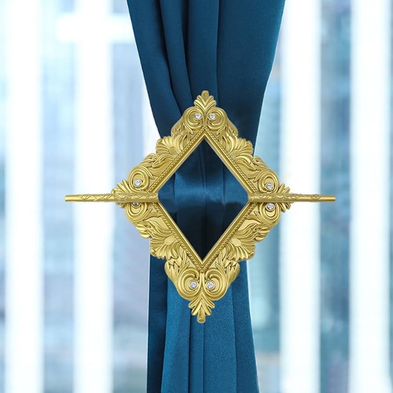 Curtain Tieback in Rhombus Shape with Scrollwork for Teal Blue Drapery