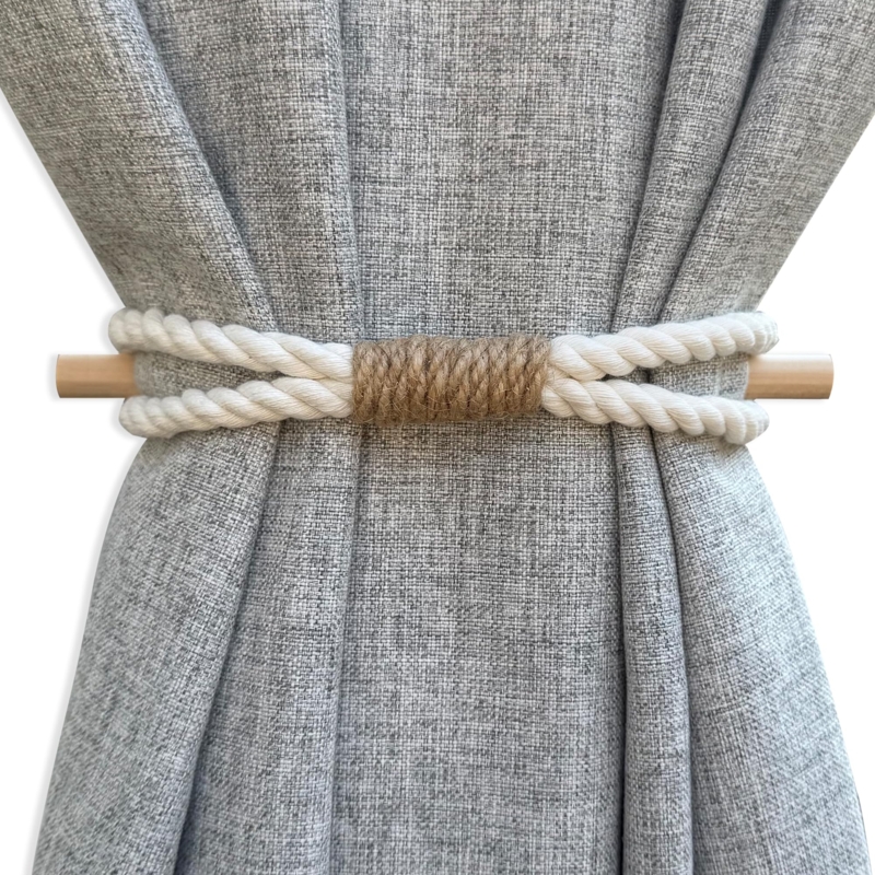 Curtain Tieback twisted Cotton Rope, Jute Wrapped Center and Wood Toggle