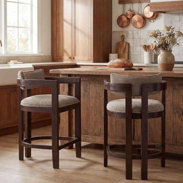 Curved Back Counter Stool in Taupe Boucle Fabric and Dark Wood