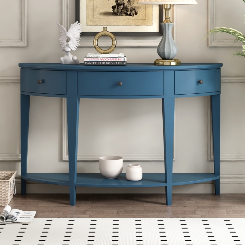 Curved Console Table Semi Circular Shape Navy Blue Tapered Legs Three Drawers