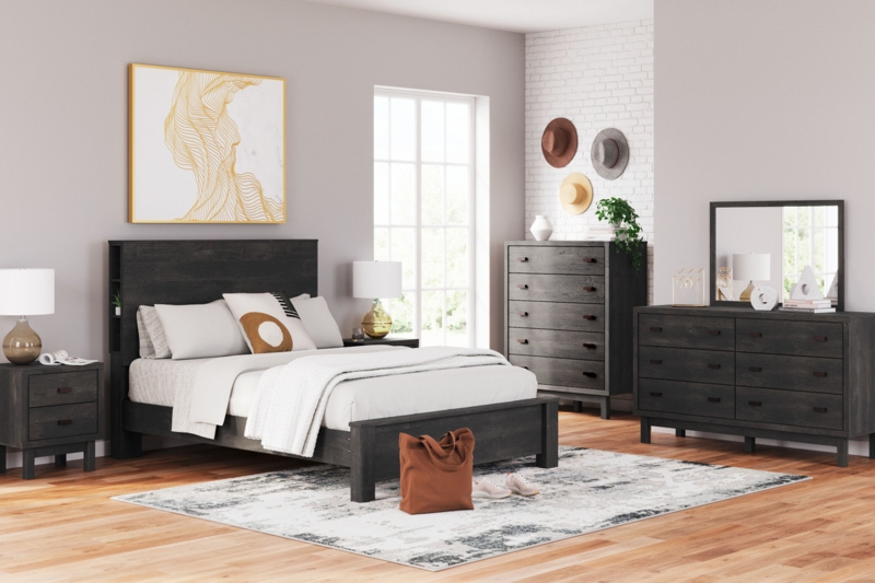 Dark Bedroom Furniture Set With Bookcase Headboard Piece