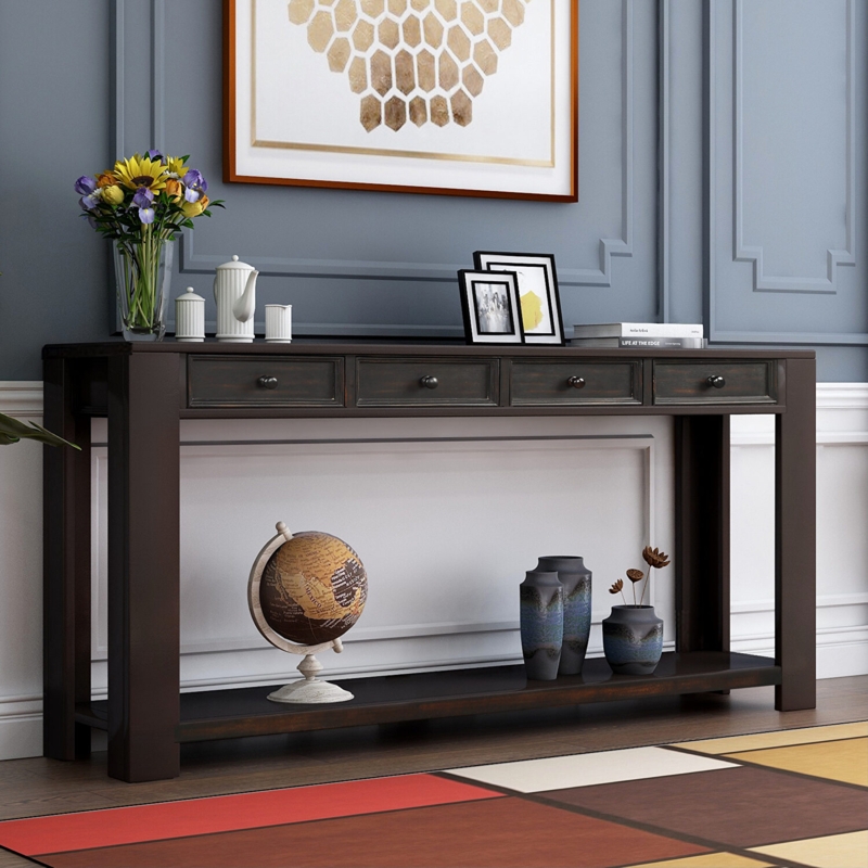 Dark Brown Console Table with Four Drawers and Open Lower Shelf