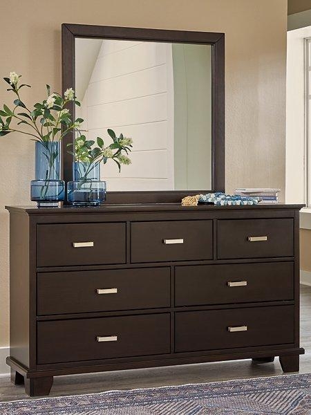 Dark Brown Dresser with Mirror: 7-Drawer Chest & Silver Bar Pulls