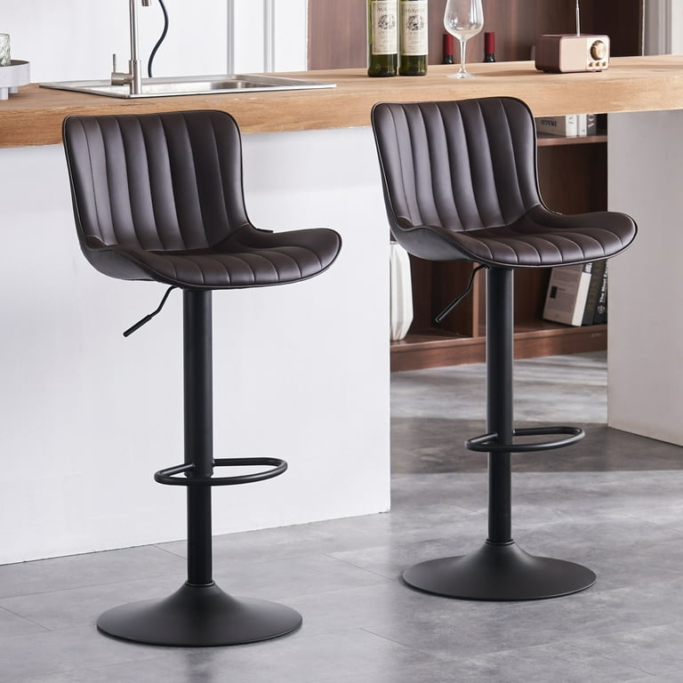 Dark Brown Ribbed Bar Stools, Faux Leather Low Back with Black Pedestal