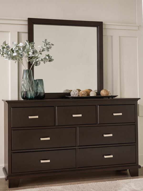 Dark Espresso Seven-Drawer Dresser with Brushed Hardware and Framed Mirror