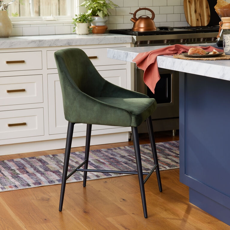 Dark Green Velvet Counter Stool with Bucket Seat and Tapered Legs