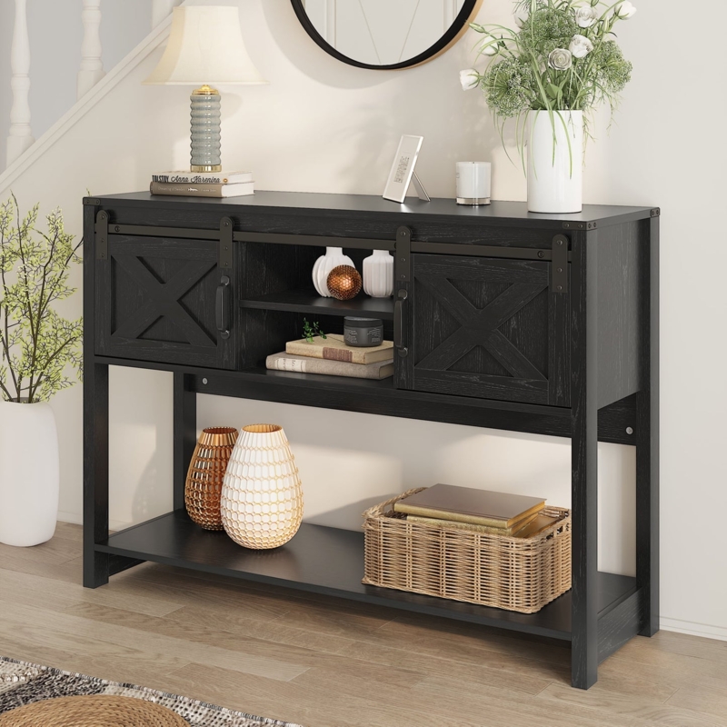 Dark Grey Console Table with Sliding Barn Doors and Shelves