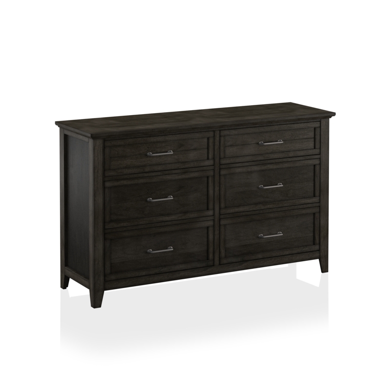 Dark Walnut Dresser with Slim Metal Pulls and Recessed Paneling.