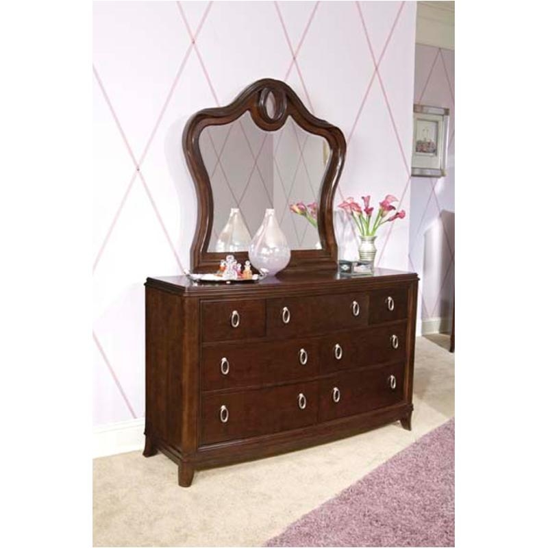 Dark Wood Dresser with Ornate Mirror Cutout and Silver Ring Hardware