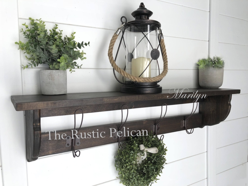 Dark Wood Finish Wall Mounted Coat Rack Curved Brackets Shelf