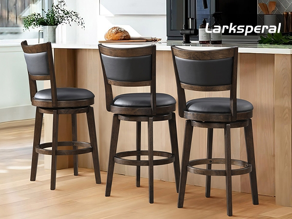 Dark Wood Swivel Bar Stool Curved Back Transitional