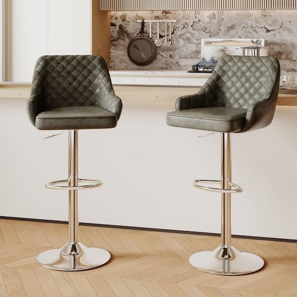 Diamond Quilted Bar Stools, Deep Gray Faux Leather with Chrome Pedestal