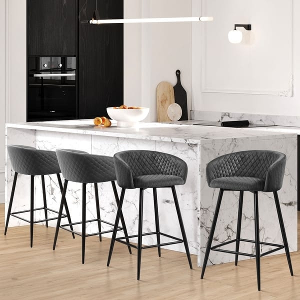 Diamond Quilted Bar Stools with Integrated Arms and Matte Black Legs
