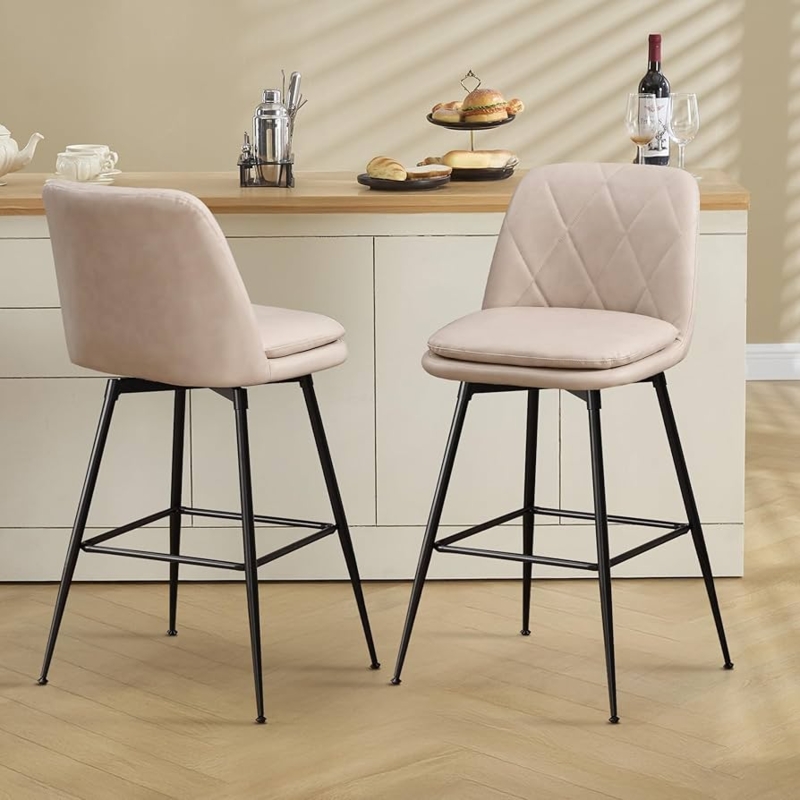 Diamond Quilted Swivel Bar Stools with Cream Faux Leather Upholstery