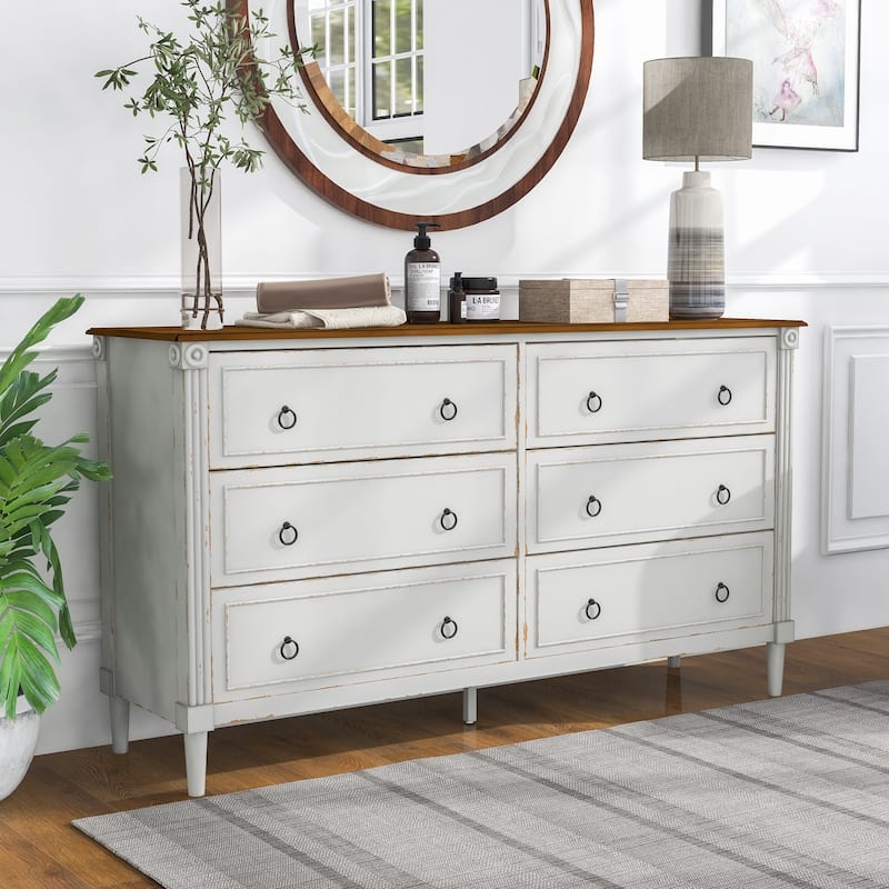 Distressed Antique White Double Dresser with Two-Tone Wood Top