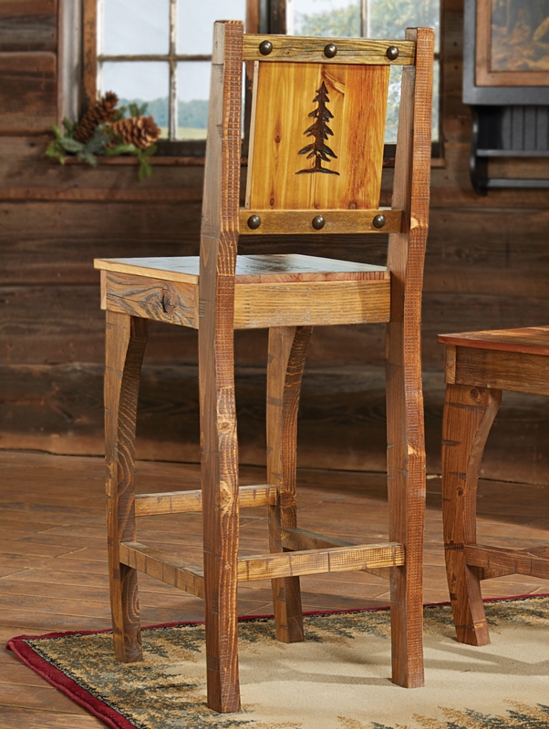 Distressed Barnwood Bar Stool Carved Tree Motif Cabin Style