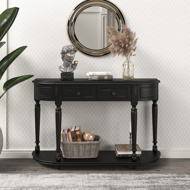 Distressed Black Demilune Console Table with Turned Legs and Drawers